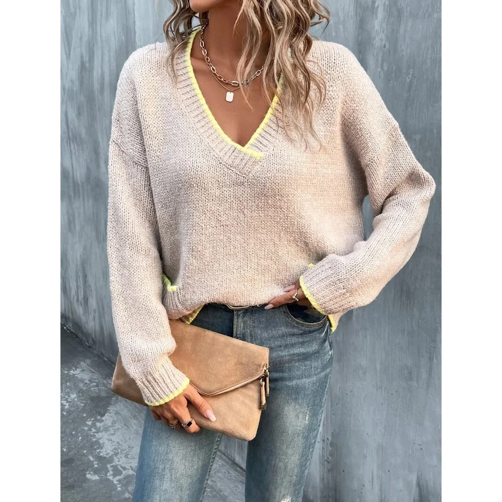 V-Neck Beige Pullover Knit Sweater Yellow Contrast Trim - Picture 3 of 12